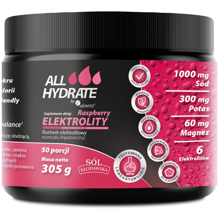 Elektrolity o smaku malinowym ALLHydrate 50 porcji w proszku Aliness