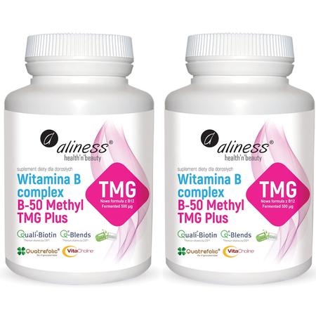2x Witamina B Complex B-50 Methyl TMG PLUS z Betaina 100 kapsułek Aliness 