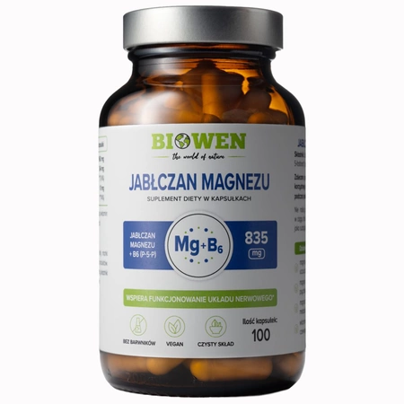 Jabłczan Magnezu 835 mg z Witamina B6 (P-5-P) 100 kapsułek Biowen