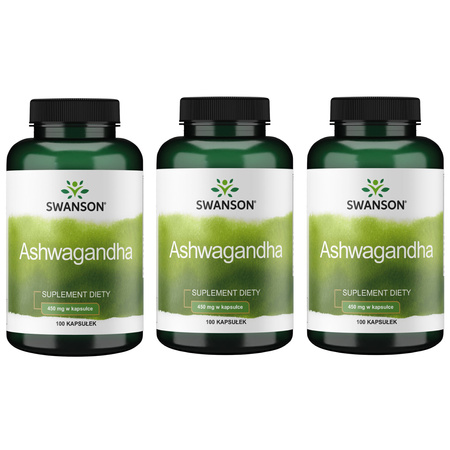 3x Swanson Ashwagandha 450 mg 100 kapsułek Żeń-szeń Indyjski