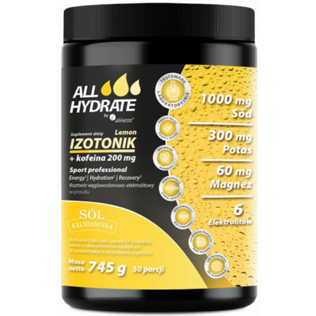 Aliness AllHydrate Izotonik + Kofeina 200 mg w proszku 745g Elektrolity Sód Magnez 50 porcji
