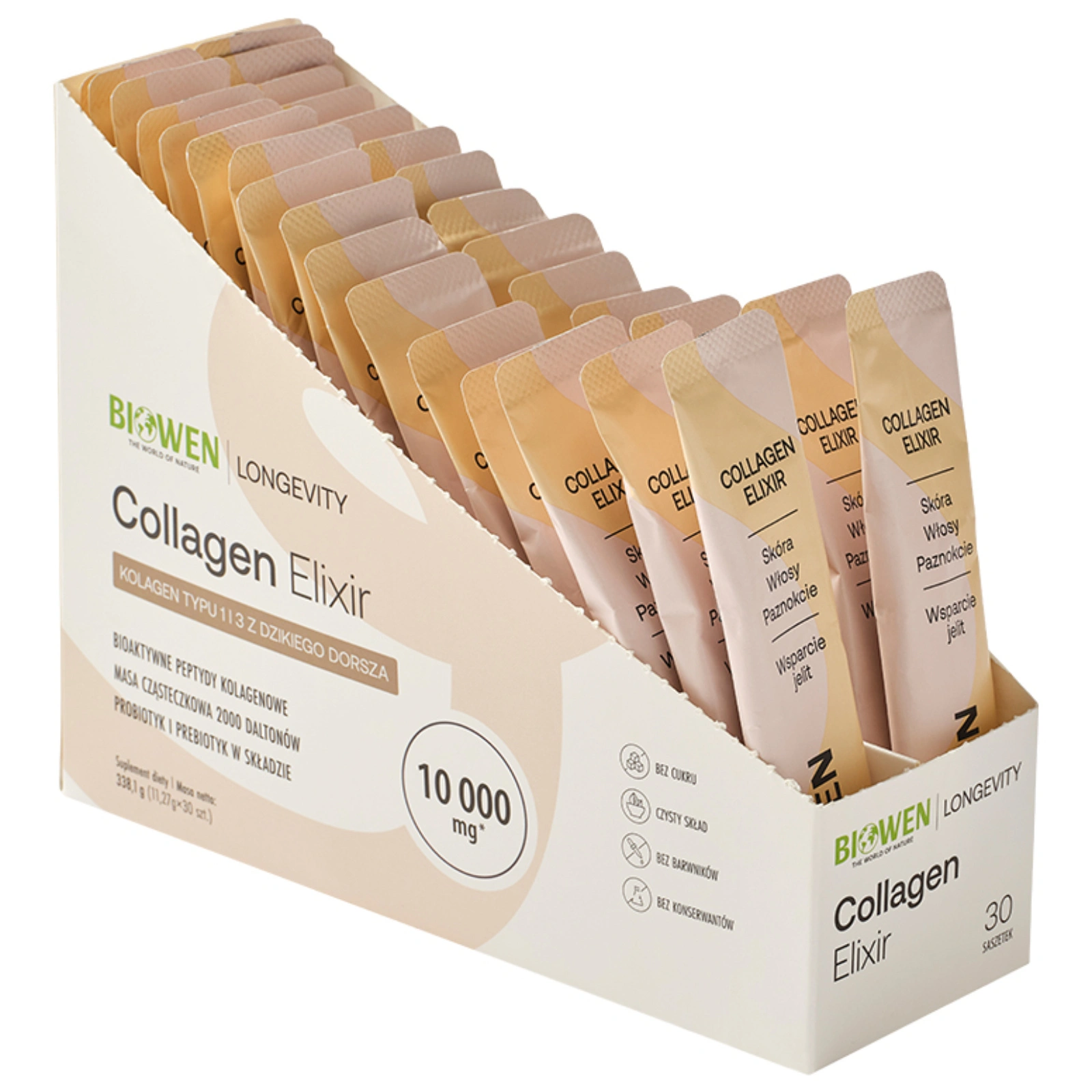 Biowen Collagen Elixir otwarte opakowanie 30 saszetek z kolagenem Naticol