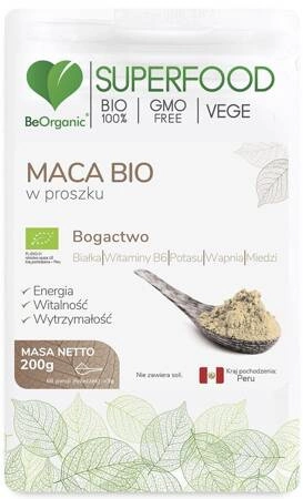 Maca BIO w proszku 200g Libido Płodność Koncentracja BeOrganic Aliness