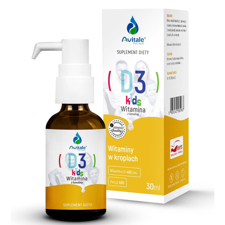 Witamina D3 KIDS z Lanoliny 400 IU dla Dzieci w Kroplach 30 ml Avitale Aliness