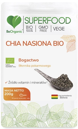 Chia nasiona BIO 200g Kwasy Tłuszczowe Białko Błonnik BeOrganic Aliness