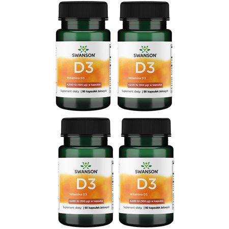 [Zestaw] 4x Swanson Witamina D3 4000 IU 90 kapsułek