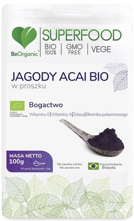 Jagody Acai BIO w proszku 100g Kwasy Tłuszczowe Witamina A E  BeOrganic Aliness