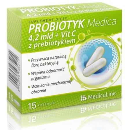 Probiotyk 4,2 mld (3 szczepy bakterii) + prebiotyk i witamina C (15 kaps) Medica Aliness