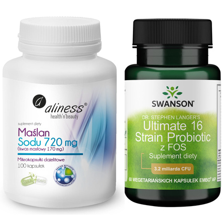 [ZESTAW] Aliness Maślan Sodu 720 mg (Kwas Masłowy) 170 mg (100 kaps) + Swanson Probiotyk Ultimate 16 z FOS (60 kaps)