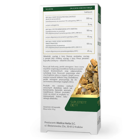 Ruszczyk Kolczasty Kora sosny Pestki winogron (60 kaps) Medica Herbs