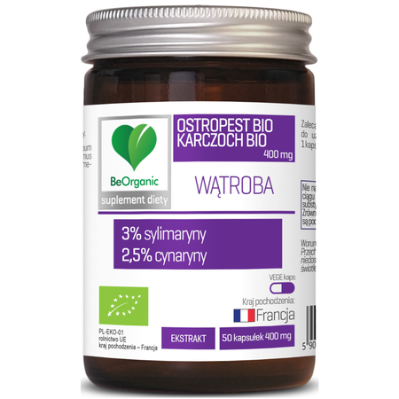 Ostropest BIO 3% + Karczoch 2,5% 400 mg 50 kapsułek Wątroba BeOrganic 