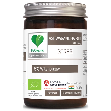 Ashwagandha KSM-66 5% BIO 200 mg 50 kapsułek BeOrganic Aliness Adaptogen Stres Energia