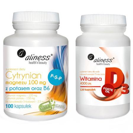 Cytrynian Magnezu z Potasem i B6 (100 kaps) + D3 4000 IU FORTE (120 kaps) Aliness
