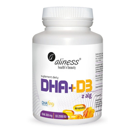 Omega DHA z alg Kwasy tłuszczowe + Witamina D3 2000 IU (60 kaps) Aliness