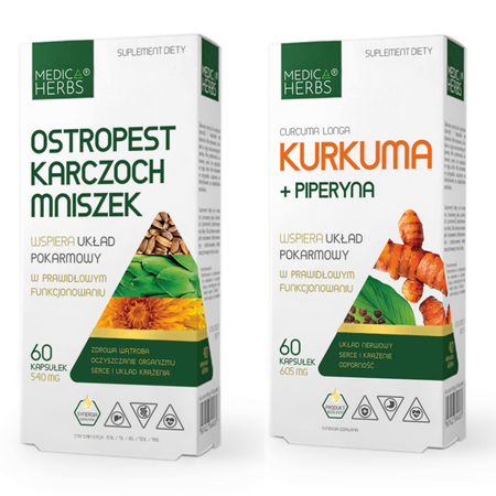 Ostropest Karczoch Mniszek 540 mg (60 kaps) + Kurkuma i Piperyna 605 mg (60 kaps) 